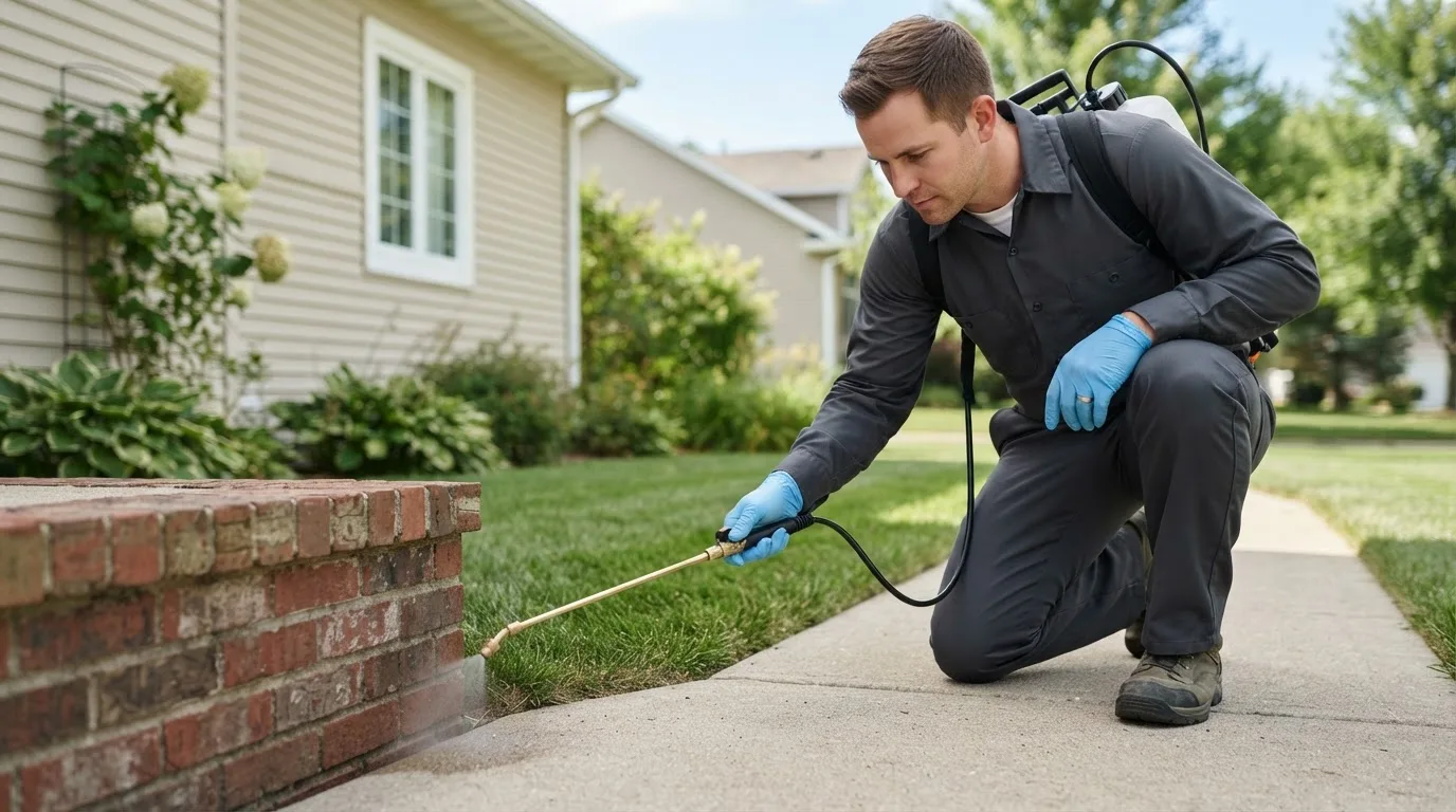 Pest control technician treating a home near Lankin, ND