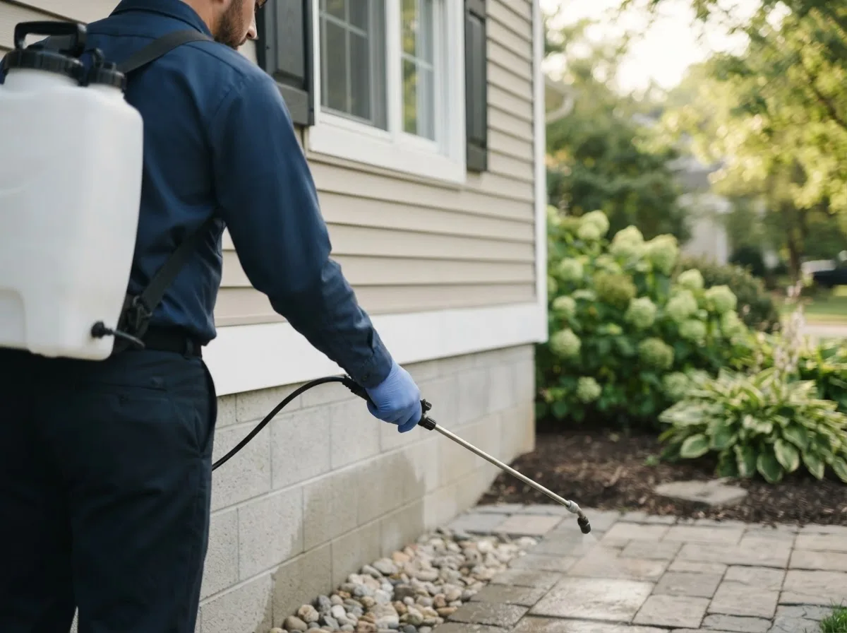 Pest control technician inspecting a home in Lankin, ND